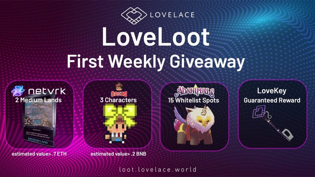 LovelaceES's tweet photo. 🔥Nuestro primer sorteo semanal de #LoveLoot incluye:
💜 2 @NetVRk1 parcelas de tierra estándar (Est. valor 0,7 ETH)
💜 3 Personajes de @ProjectOasis_ (Est. valor 0,2 BNB)
💜15 spots de la lista blanca de @AdanimalsWorld.
💜#LoveKey NFT para todos los demás! https://t.co/tyUqQjgupQ