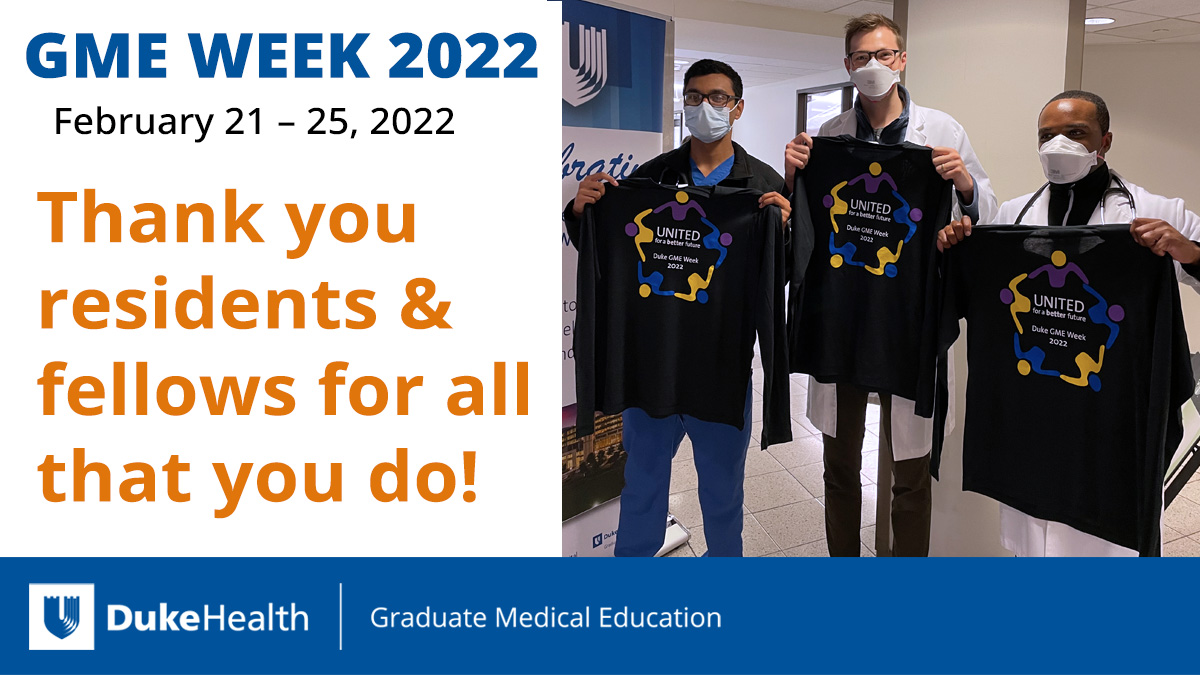 Don't forget to get your long-sleeve T-shirt. They're available for every resident, fellow, program director, and program coordinator! Check your email for details on where to pick them up. We are so appreciative to have you on our Duke GME team! #GMEWeek