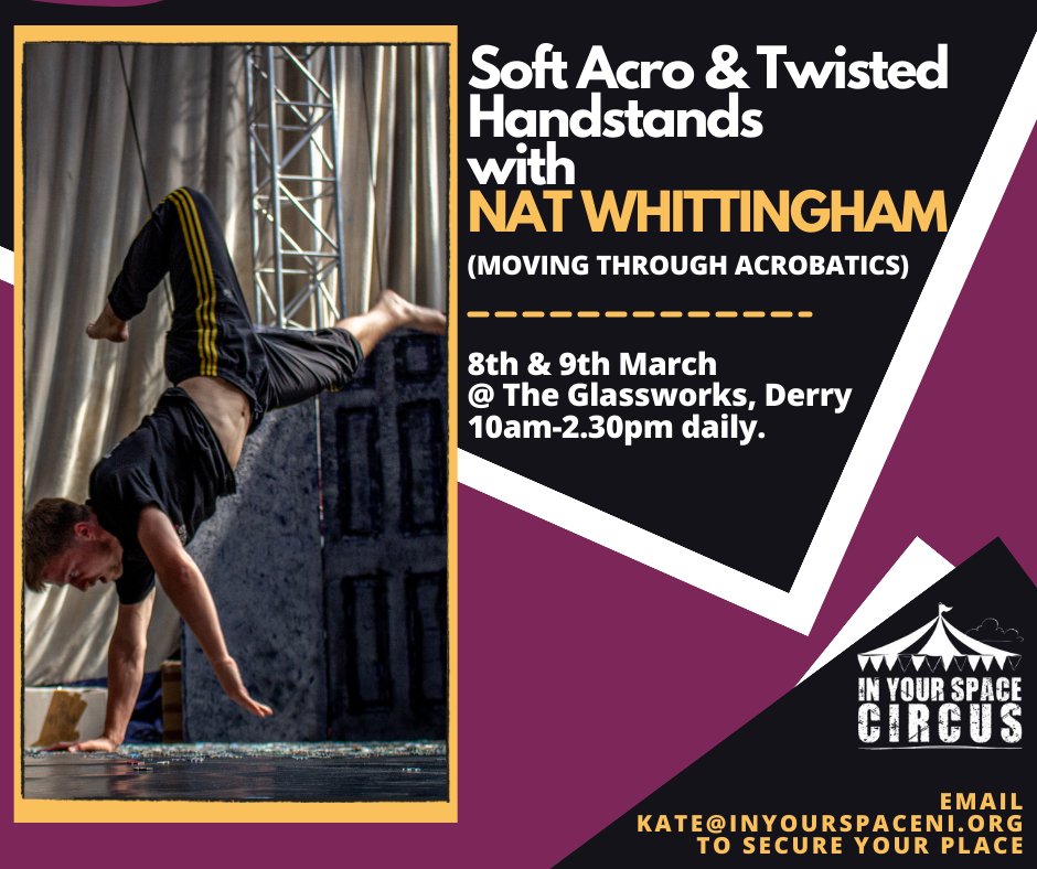 Exciting workshop announcement!! 🤸‍♀️ The incredible Nat Whittingham from Moving Through Acrobatics is coming to Derry in 2 weeks time to teach an adults Soft Acro & Twisted Handstand course! 8th & 9th March / 10am-2.30pm daily @ £80 total. #artsni #acrobatics #derry