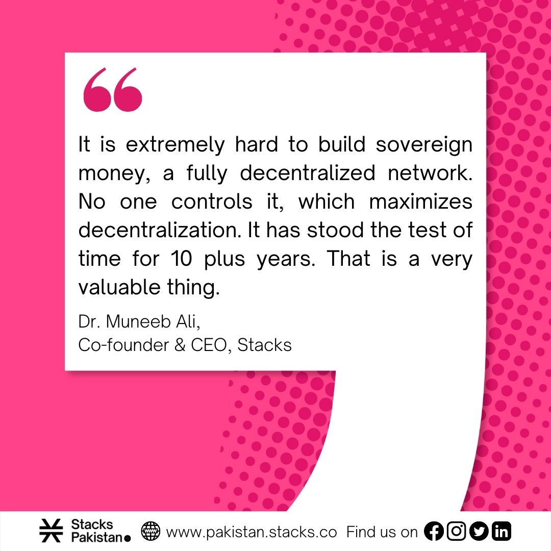 StacksPakistan's tweet photo. "It is extremely hard to build sovereign money, a fully decentralized network. No one controls it, which maximizes decentralization. It has stood the test of time for 10 plus years. That is a very valuable thing."
#StacksPakistan #DecryptCrypto #OwnYourInternet https://t.co/nhRky36u0Z