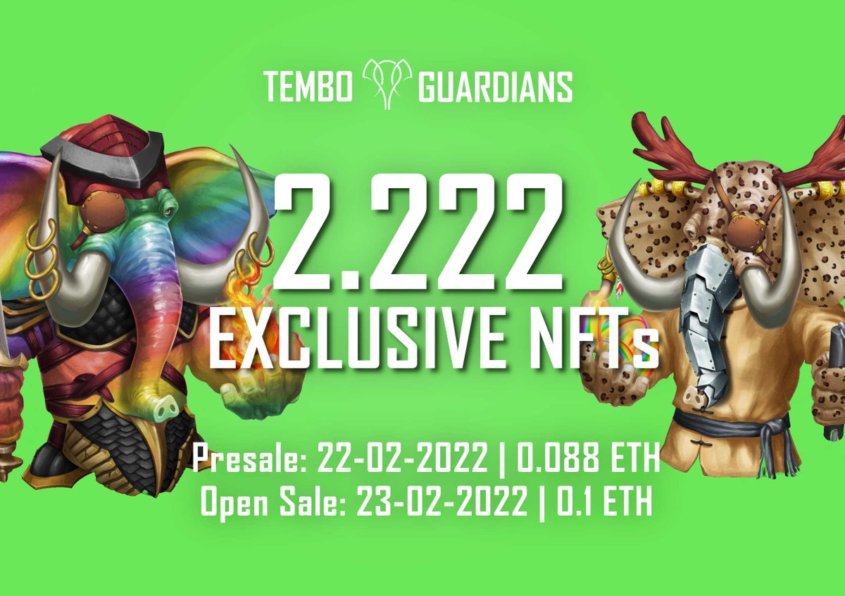 TemboGuardians's tweet photo. 🧿Only 6 hrs till Presale! 

2222 exclusive Tembo Guardians are ready to come to the ETH Mainnet! 

🚨Open Sale starts 23rd February at 7PM UTC!

Don´t miss this gem of a #NFT  collection with great value for the #elephants on planet earth. 33% of income goes into donations. https://t.co/JzlvGXb0Zv