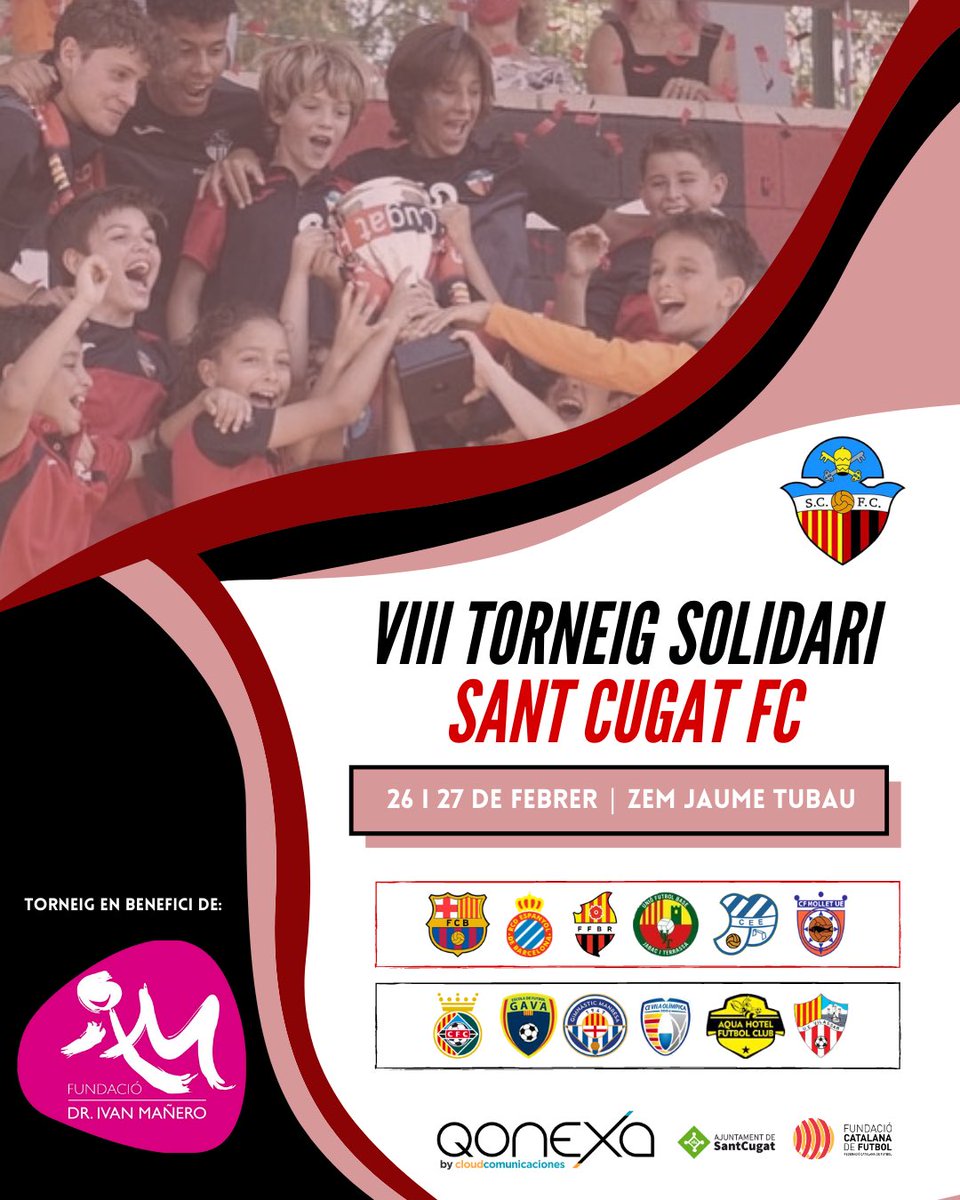 SantCugatFC's tweet photo. CLUB | VIII TORNEIG SOLIDARI SANT CUGAT FC 

Ja el tenim aquí! 🥳❤️🖤

Els propers dies 26 i 27 de febrer es durà a terme el tradicional Torneig Solidari del Sant Cugat FC.

📅 26 i 27 de Febrer
🏟 ZEM Jaume Tubau
👦🏼 Prebenjamí-Benjamí-Aleví

#SomVermelliNegres #SomelSantCugat https://t.co/szCePuRQZi