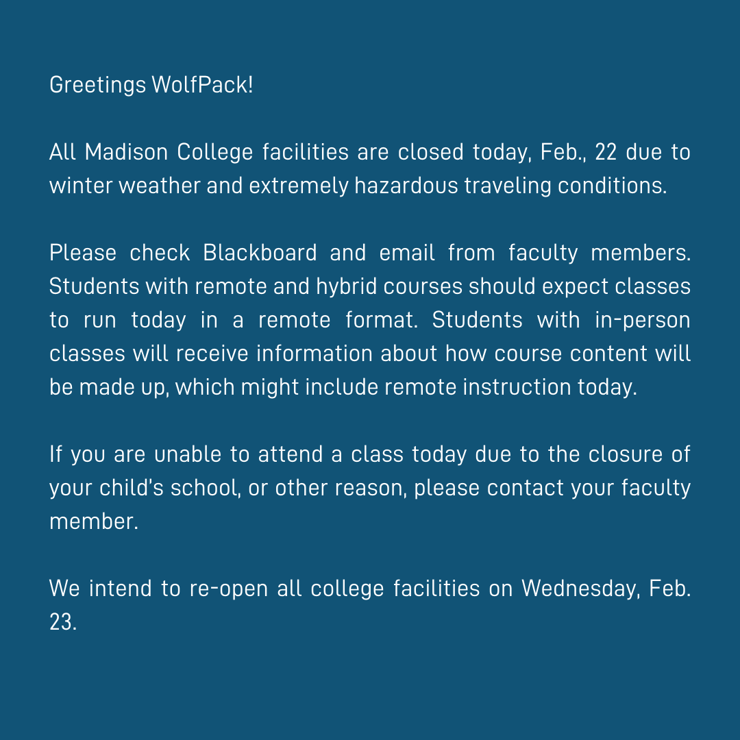 MadisonCollege's tweet photo. IMPORTANT READ - Campus is CLOSED today! #madisoncollege https://t.co/d4ni5Yp0U7