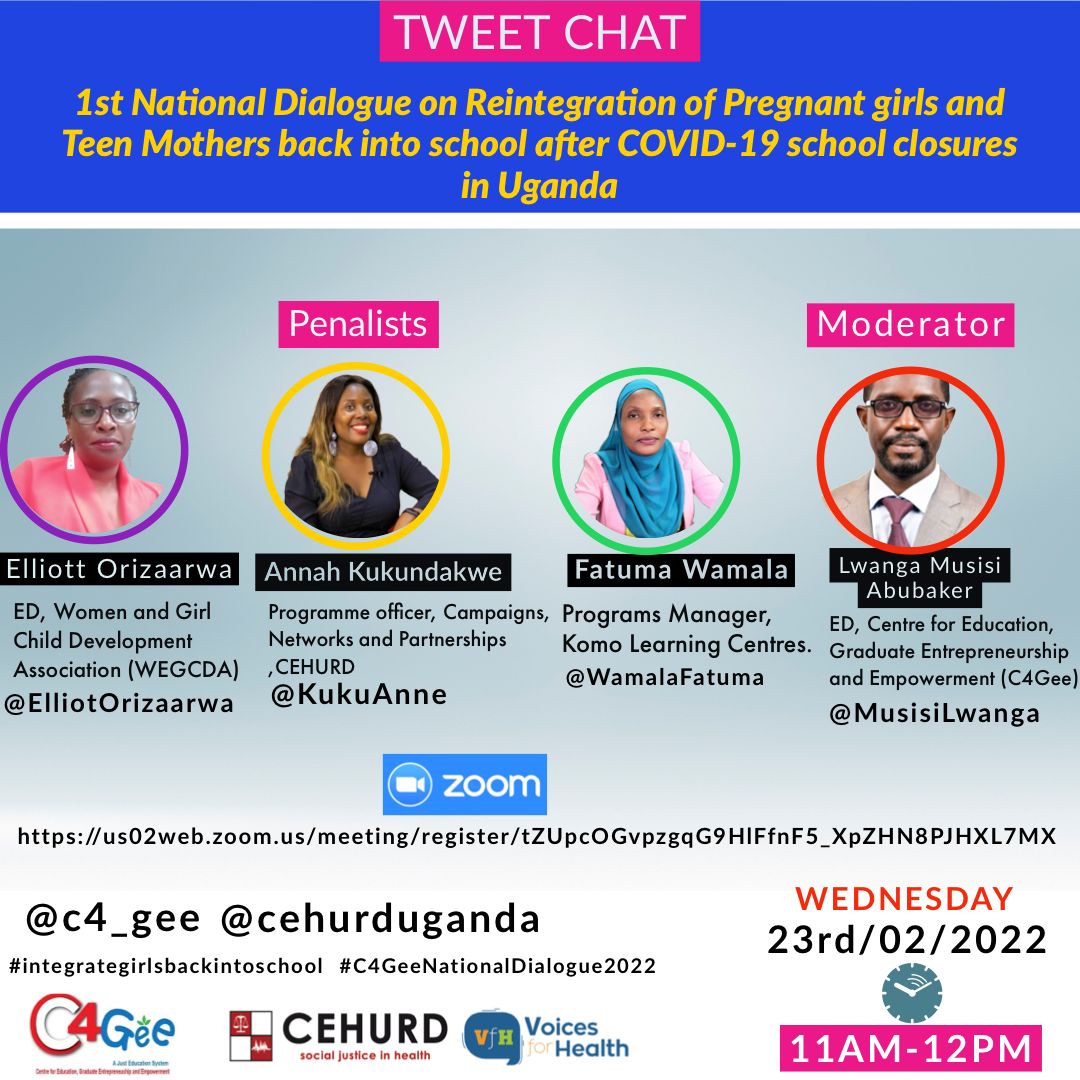 cehurduganda's tweet photo. Ahead of the #C4GeeNationalDialogue2022 National dialogue on "Reintegration of pregnant girls &amp; teen mothers back into School", we are joining partners @c4_gee for a Tweet Chat on the same, tomorrow 23rd.Feb 11am.

Be part and share your thoughts!

#IntegrateGirlsBackIntoSchool https://t.co/0lImL2FSrH