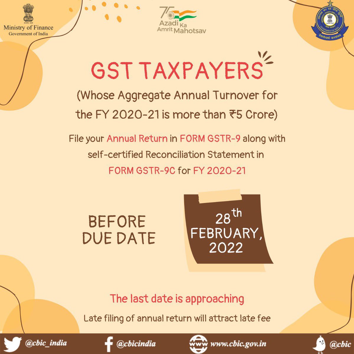 CharteredAdvise's tweet photo. File your Annual Return in Form GSTR-9 along with self certified Reconciliation statement in GSTR-9C before February 28, 2022. https://t.co/5fkQHDgU8L
