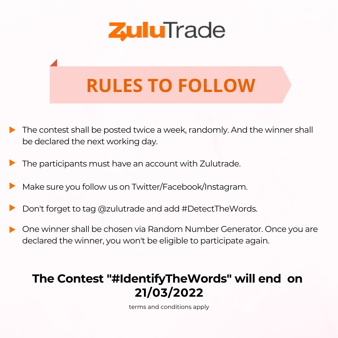 ZuluTrade's tweet photo. We all know trading is an art. But are you a real artist?
Try and find 5 finance words and show the world that you are a PRO in the field!
#IdentifyTheWords
Get a chance to win an Amazon voucher worth $50.
Do read the rules.
So, what are you waiting for?
#zulutrade https://t.co/Wvl8Fk3qeK