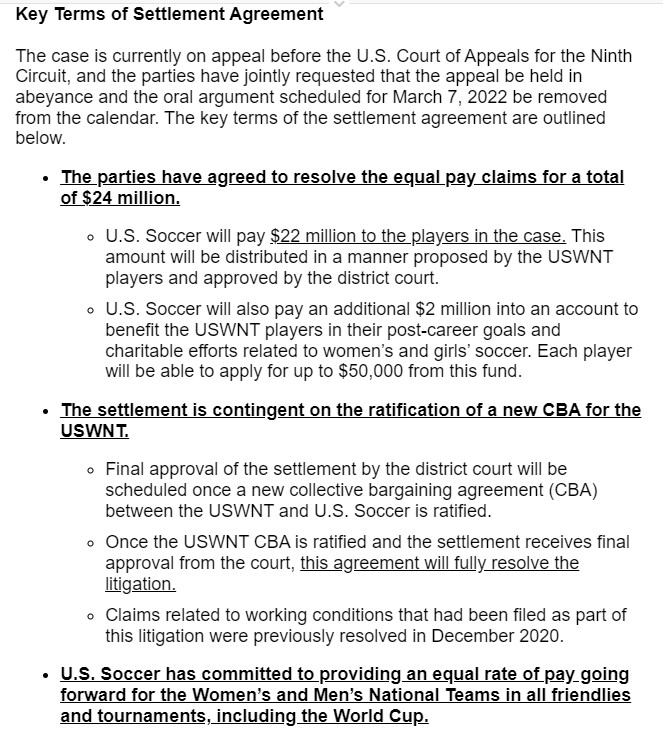 Jeff Kassouf on X: "U.S. Soccer and the #USWNT have reached an agreement to  settle the six-year long equal pay lawsuit, contingent upon a new CBA.  Players will receive $22 million +