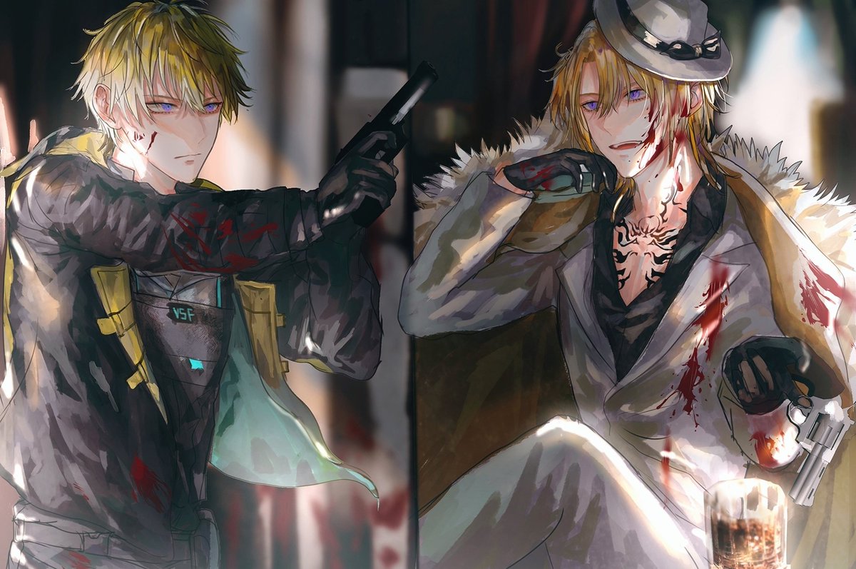 blonde hair male focus gun multiple boys blood on face holding weapon  illustration images