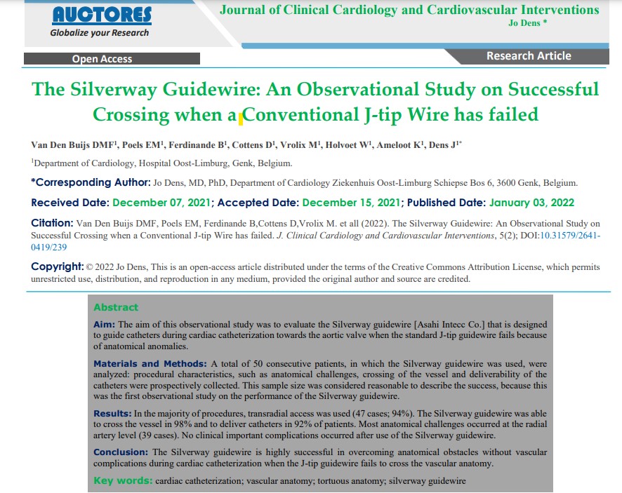 Asahi_Intecc_EU's tweet photo. “The #Silverway guidewire is highly successful in crossing anatomical obstacles during cardiac catheterization with radial and femoral access when the J-tip guidewire fails.”
Interesting article, published by Prof. Jo Dens and his team from @ZOL Genk.
link👇#cardiotwitte https://t.co/fiTdDVUSXI
