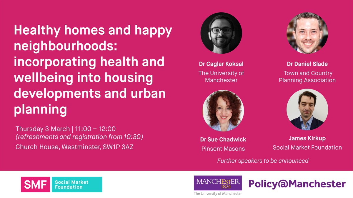 NEW EVENT: Incorporating health &amp; wellbeing into urban planning 

Our in-person event, held in partnership with <a href="/UoMPolicy/">Policy@Manchester</a>, features
- Dr <a href="/caglarkoksal/">Caglar Koksal</a>,  
- Dr Daniel Slade of <a href="/theTCPA/">Town & Country Planning Association</a> 
- Dr Sue Chadwick of <a href="/Pinsent_Masons/">Pinsent Masons</a> 
&amp; <a href="/jameskirkup/">James Kirkup</a>

✍️Sign-up: bit.ly/3BR3YkE
