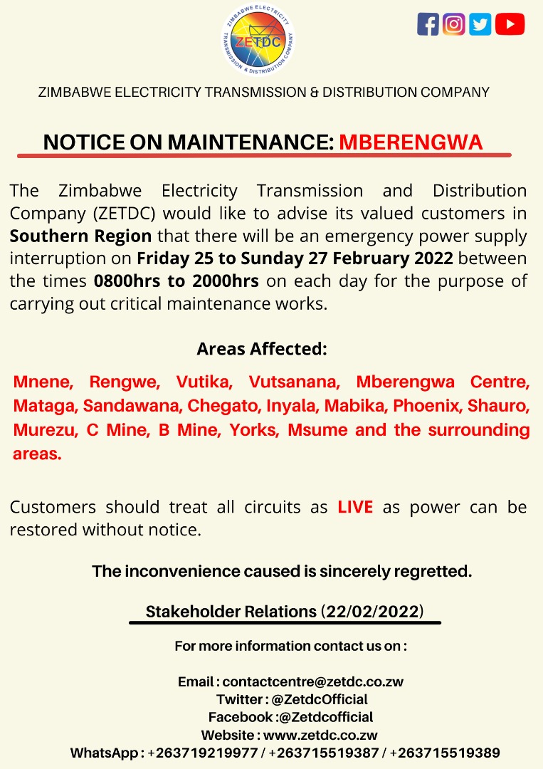 ZETDC_ (@zetdc_official) on Twitter photo #PowerSupplyInterruptionNotice #Mberengwa #ZvishavaneWest #ZvishavaneSouth
#Southern residents in the mentioned areas kindly take note. <a href="/official_MOEPD/">Ministry Of Energy And Power Development</a> <a href="/officialzpc/">Zimbabwe Power Company</a> <a href="/ZesaEnterprises/">Zesa Enterprises</a> #PowerSupplyInterruptionNotice #Mberengwa #ZvishavaneWest #ZvishavaneSouth
#Southern residents in the mentioned areas kindly take note. <a href="/official_MOEPD/">Ministry Of Energy And Power Development</a> <a href="/officialzpc/">Zimbabwe Power Company</a> <a href="/ZesaEnterprises/">Zesa Enterprises</a>
