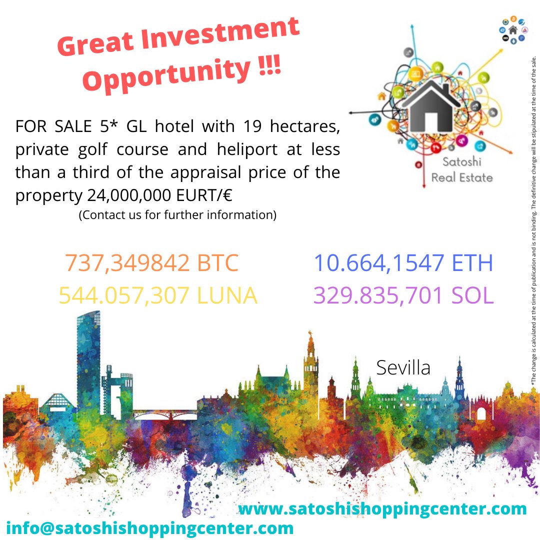 CenterSatoshi's tweet photo. Extraordinary investment in Seville. Get in touch for further information. #inversionsevilla #Sevilla #cryptocurrency #cryptocositas #Satoshi #cryptoshopping #CryptoInvestment https://t.co/VEqnwERAlA