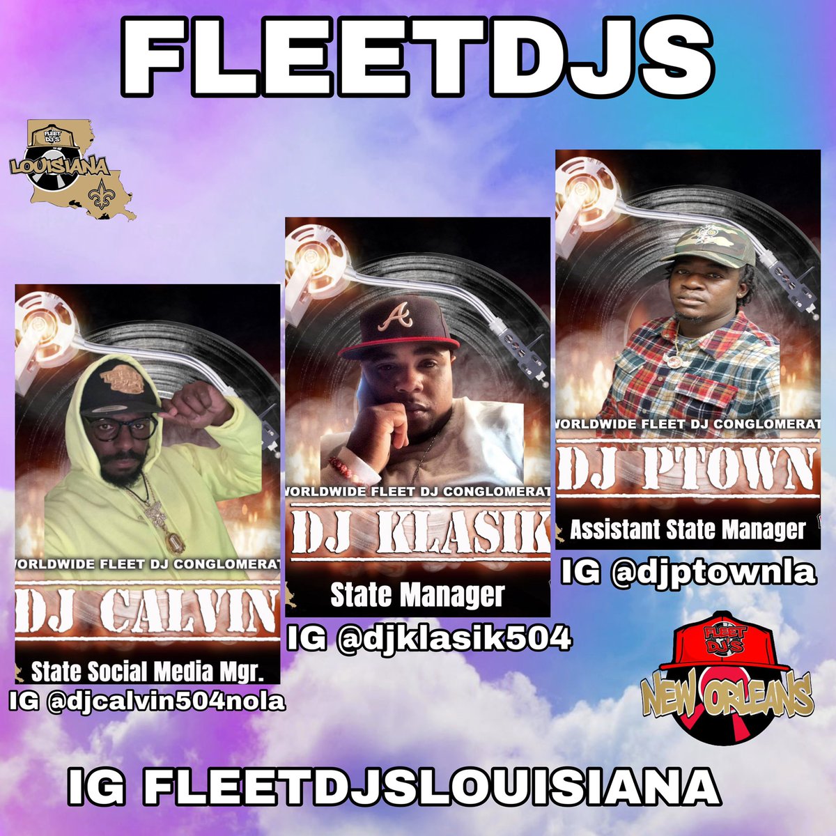 <a href="/fleetdjs/">FLEET DJ'S</a>louisiana  management team

@djcalvin504nola : Social Media Manager
@djptownla : Assistant State Manager
<a href="/djklasik504/">THEE inKredible DJ Klasik</a> : State Manager

More to Come
@fleetdjs 

#FleetDJsLouisiana
#weboutitboutitlikemasterp
#FleetDjs 
#NewOrleansFleetDjs 
#fleetdj