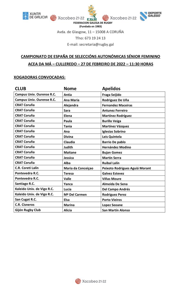 RugbyGalicia's tweet photo. 👉 Convocatoria para o #CESA #feminino
📊#Play_Out
📅 Domingo 27
⏰ 11h30
🏟 Acea Da Ma 📍 (A Coruña)
🏉 @RugbyGalicia 🆚 @FRCyL
👉Adestramento o venres 25 (inda sen campo)
#RugbyGalego #GaliciaCalidade https://t.co/4t1m8ddk5N