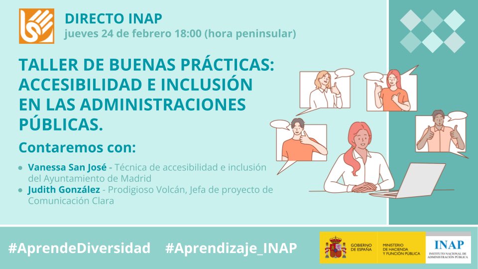 ¿Comunicar una convocatoria con claridad? ¿Hacer accesible un evento cultural? ¿Convertir un formulario en un trámite amable? ¿Incluir la diversidad en el diseño de políticas? El jueves, taller con <a href="/VanssSanJose/">Vanessa San José</a> y Judith González de <a href="/losdelvolcan/">Prodigioso Volcán</a> YT de <a href="/INAP_ES/">Instituto Nacional de Admón. Pública</a> #AprendeDiversidad