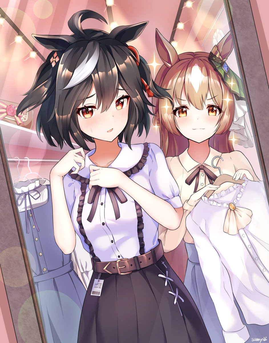 kitasan black (umamusume) ,satono diamond (umamusume) animal ears horse ears multiple girls 2girls black hair brown hair horse girl  illustration images