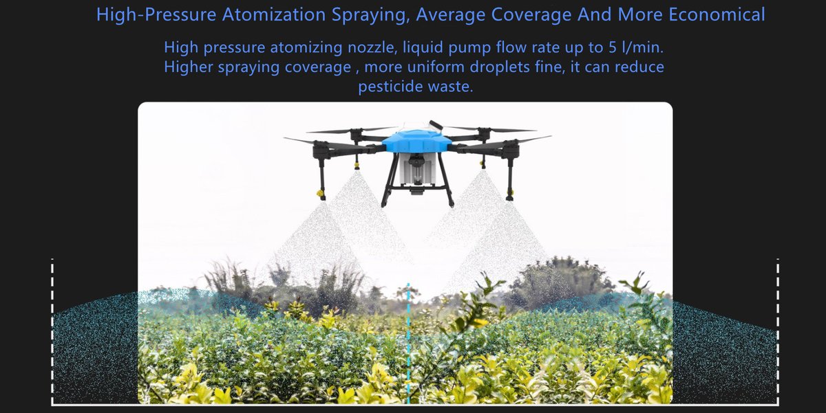 High-Pressure atomization spraying system, liquid pump flow rate up to 5L/min, more uniform droplets and pesticide can penetrate from leaves to root smoothly.