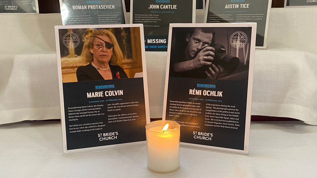 We remember Marie Colvin and Rémi Ochlik on our #Journalists_Altar. They were killed ten years ago today when Syrian government forces fired rockets directly into the rebel media centre where they were staying.

May they rest in peace.
#MarieColvin #RemiOchlik #TenYearsOn