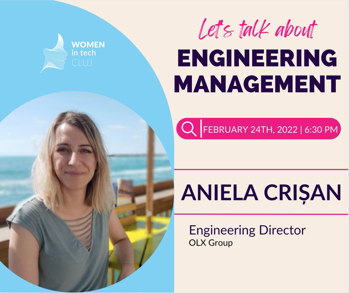 WomenInTechCluj's tweet photo. Our second speaker for Let's Talk About #EngineeringManagement this Thursday is @anielacrisan ! 
She is Director of Engineering at OLX Group where she leads the technology for the Motors Classifieds Customer Unit.  She helps scale up the business through technology.  #womenintech https://t.co/5f3FrD0flC