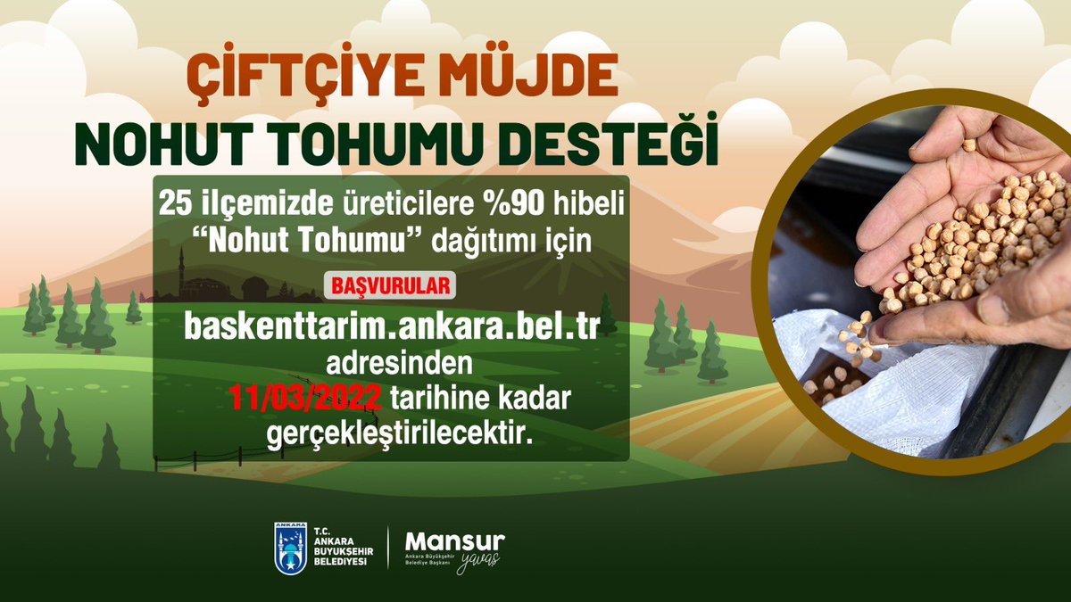 ankarabbld's tweet photo. Üretimi teşvik etmek ve gelecekte yaşanabilecek gıda erişimi sorununu önlemek amacıyla çiftçimize tohum desteğimiz devam ediyor.

🌾 Bu kez 25 ilçede yüzde 90 hibeli "Nohut Tohumu" dağıtımı gerçekleştiriyoruz. 

Başvuru için; https://t.co/eyNVxyuQBs

SON BAŞVURU: 11.03.2022 https://t.co/AUL5rlONs3