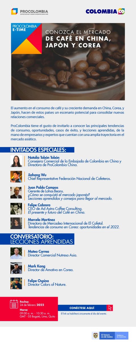 EmbColChina's tweet photo. Conéctese aquí👇para conocer de la mano de @PROCOLOMBIACO #ETime sobre el mercado del café☕️en China🇨🇳, Japón🇯🇵 y Corea🇰🇷
Febrero 24, 9 AM hora Colombia🇨🇴 https://t.co/j2EUNeJxV5 https://t.co/Ti3Ynd2C3u
