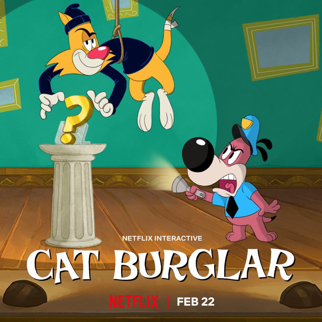 #CatBurglar now streaming on #Netflix!!

In this wacky #TexAvery style interactive cartoon quiz and help #RowdytheCat evade #Peanut the security pup to steal some prized paintings… how will it end? You decide!!