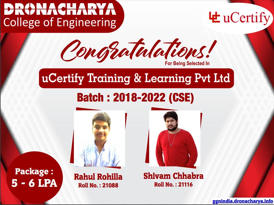 dronacharya_123's tweet photo. Congratulations to Students of #Batch (2018-2022) for being selected in #uCertify Training & Learning Pvt. Ltd. We wish you a great success ahead.
#campusplacement
#bestplacementcollege
#dronacharyacollegeofengineering
#topengineeringcollegeindelhincr https://t.co/QafIr7Y3fX