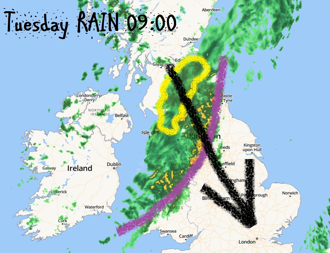 WindyWilson88's tweet photo. I was hoping it was going to clear proper by the back oh 9 but it looks like "southern Scotland" hang on to the rain a wee bitty longer (yellow squiggle)
Apart from that it's all good
#WindysTuesdayUpdate https://t.co/3XSEg77TWb