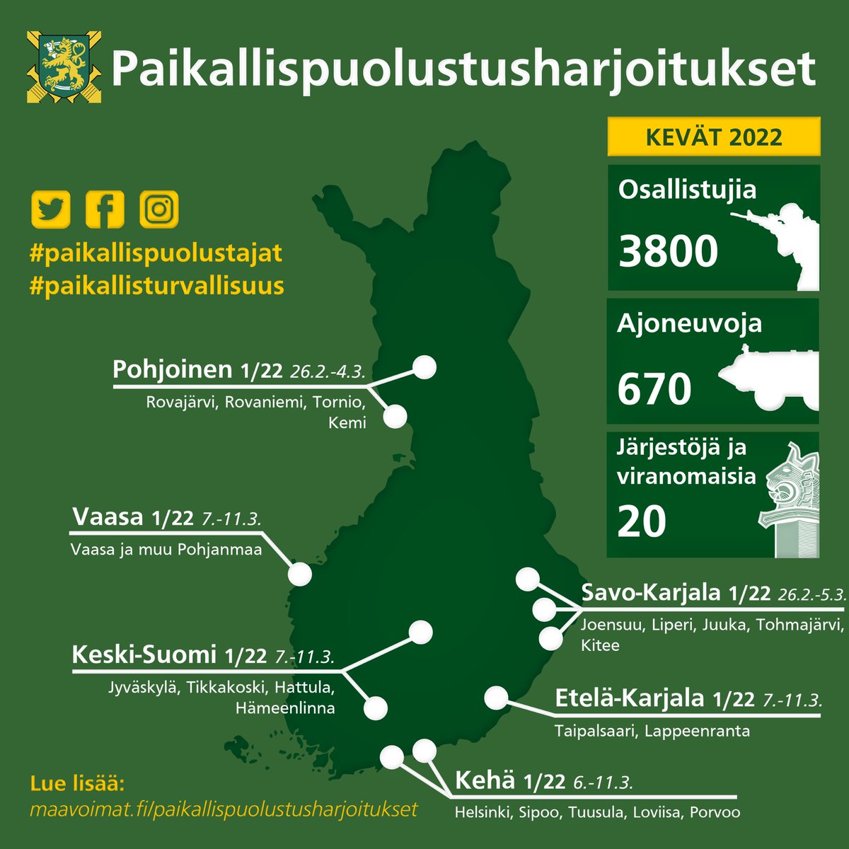 Maavoimat harjoittelee #paikallispuolustus tehtäviä 26.2.–11.3.2022. Harjoittelulla kehitetään paikallisjoukkojen valmiutta paikallisiin taistelu- ja suojaustehtäviin osana laajempia puolustustoimia sekä varmistetaan viranomaisyhteistyön sujuvuus. #paikallisturvallisuus