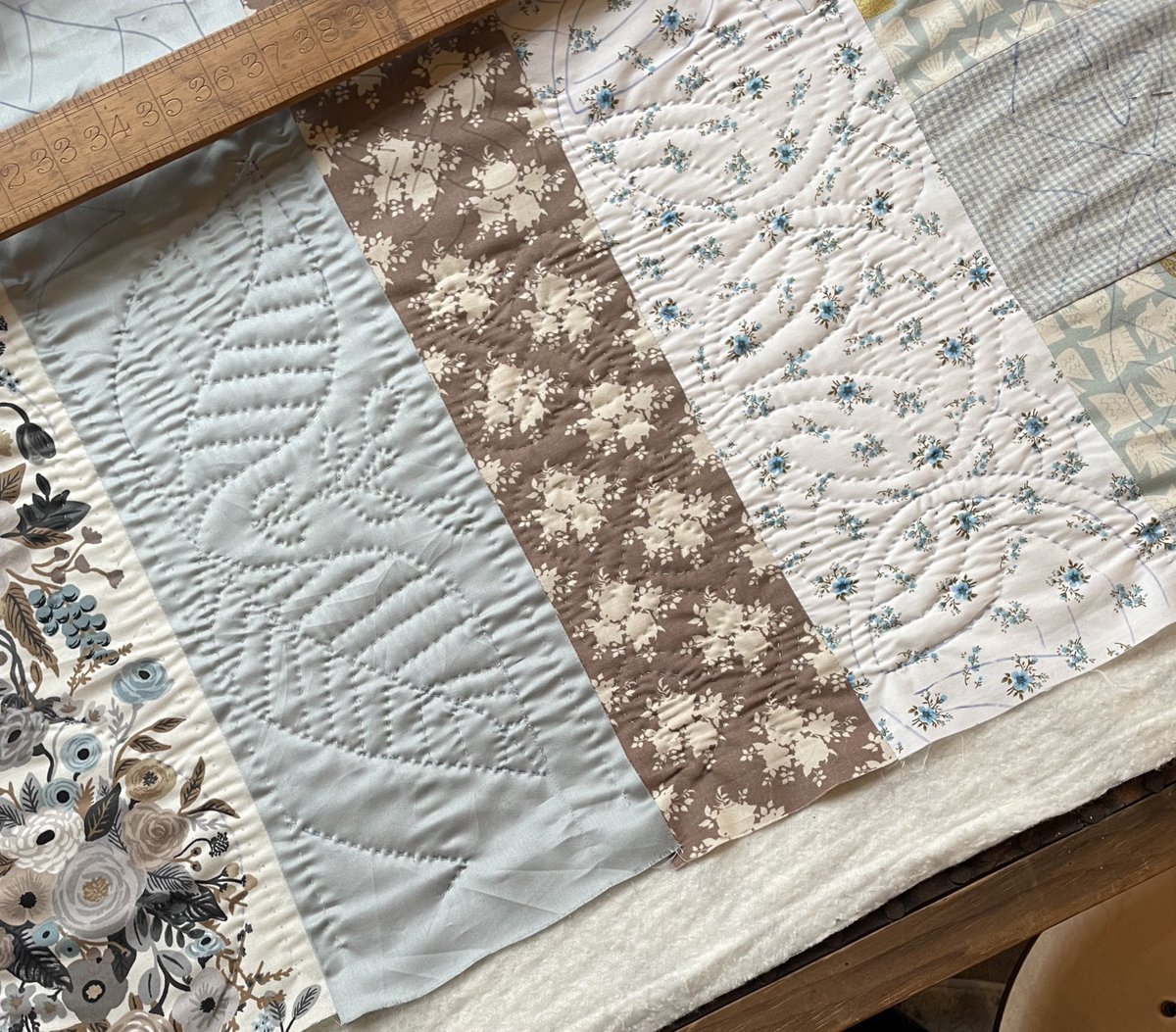There’s something wonderfully subversive about adding such complex quilting patterns to a so-called ‘utilitarian’ quilt, the vernacular strippy. All patterns are extant.