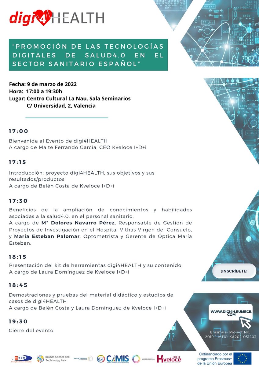 Kveloce_I_D_i's tweet photo. El 9 de marzo (17h) presentamos en @LaNauuv el Kit de Herramientas de #digi4HEALTH, dirigido al profesorado de FP y sector sanitario para ponerse al día con las nuevas tecnologías en #Salud4.0

➡https://t.co/gNgdW4Rbif

@Vithas_NeuroRHB
#ErasmusPlus
@EUErasmusPlus
@sepiegob https://t.co/gZWnvYeiaY