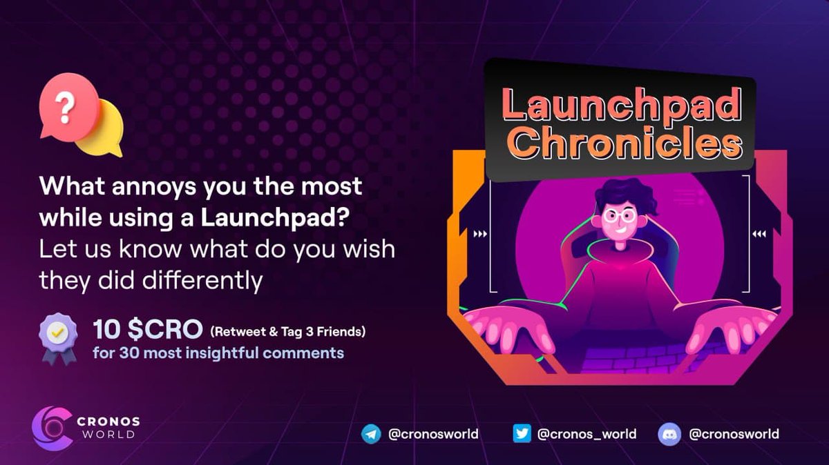 VRM_Ventures's tweet photo. #LaunchpadChronicles 

🗣 30 insightful answers get 10 $CRO each 🙌

🔃 Spread the word: 
🔗https://t.co/OxotywvN19
1️⃣ Retweet
2️⃣ Tag 3 friends
3️⃣ Comment your answer in the tweet https://t.co/mDNnFUhksh