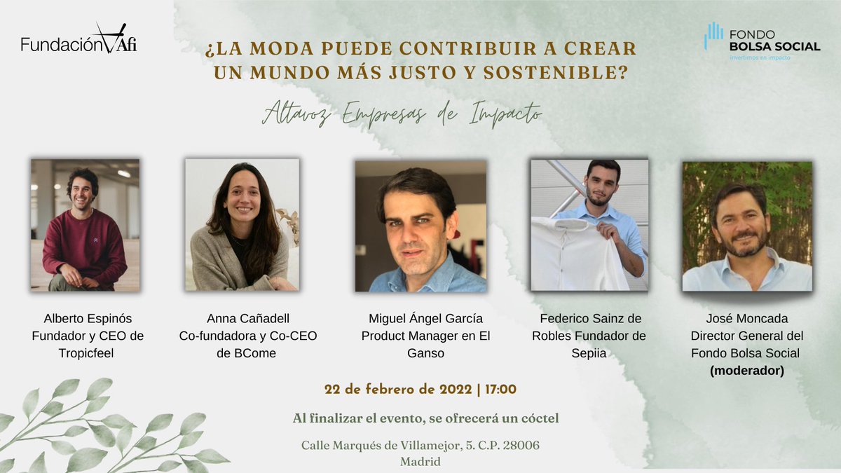 ¿Te interesa la moda y te preocupas por el medio ambiente♻🧵? Entonces no te puedes perder el evento que hemos preparado junto a Fondo Bolsa Social esta tarde a las 17.00h⌚. 

Si aún no te has inscrito puedes hacerlo a través de este enlace ➡ lnkd.in/ejHJKdVb
#moda