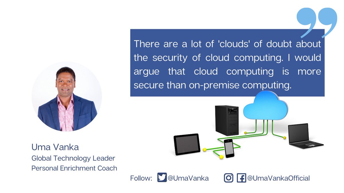UmaVanka's tweet photo. #TechKnowTuesday #Cloud
There are a lot of 'clouds' of doubt about the security of cloud computing. I would argue that cloud computing is more secure than on-premise computing.
Uma Vanka
Global Technology Leader
Personal Enrichment Coach
#Computing #Vision #Future #Setup https://t.co/f7w8tSSekD