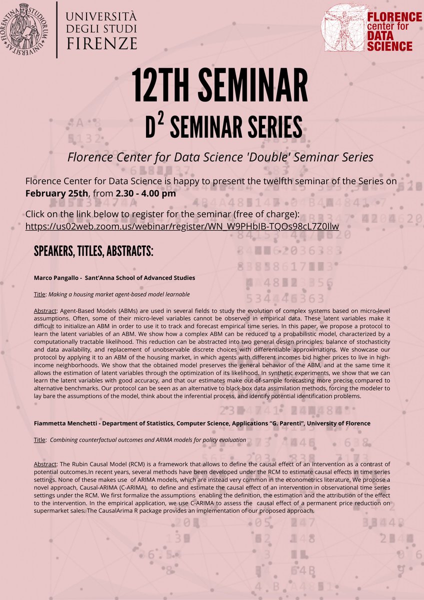 DataScienceFLR's tweet image. #SaveTheDate this Friday #25February at 2.30 pm don’t miss our #D2Seminar with Marco Pangallo @mrcpangallo from @SantAnnaPisa and Fiammetta Menchetti from @UNI_FIRENZE talking about agent-based models and counterfactual outcomes and ARIMA models. Join us! bit.ly/33FOR2n