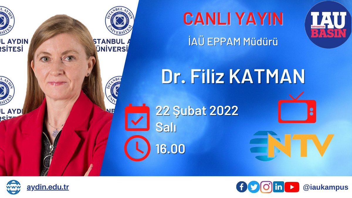 📺 Öğretim üyemiz ve EPPAM Müdürümüz Dr. Filiz Katman, 16.00'da, dış politika hakkında değerlendirmelerde bulunacak.

İzlemek için 👉🏻ntv.com.tr/canli-yayin/ntv

<a href="/drmaydin/">Prof. Dr. Mustafa AYDIN</a> <a href="/IAUKampus/">İstanbul Aydın Üniversitesi</a> <a href="/iauiibf_/">İAÜ İktisadi ve İdari Bilimler Fakültesi</a> <a href="/IAU_EPPAM/">IAU_EPPAM</a> <a href="/filizkt/">Filiz Katman</a> <a href="/ntv/">NTV</a>