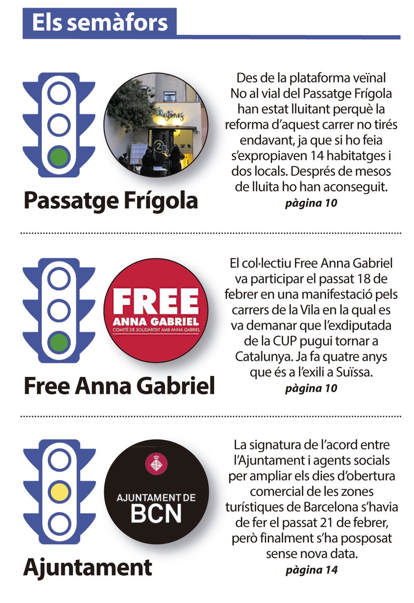 Nous semàfors al #LíniaGràcia. Un de verd per a la plataforma veïnal <a href="/novialfrigola/">No al vial de Passatge Frigola</a>, un altre de verd per al col·lectiu <a href="/freeannagabriel/">Free Anna Gabriel</a>, i un de taronja per a l'Ajuntament de #Barcelona, que ha ajornat l'acord per ampliar horaris comercials.