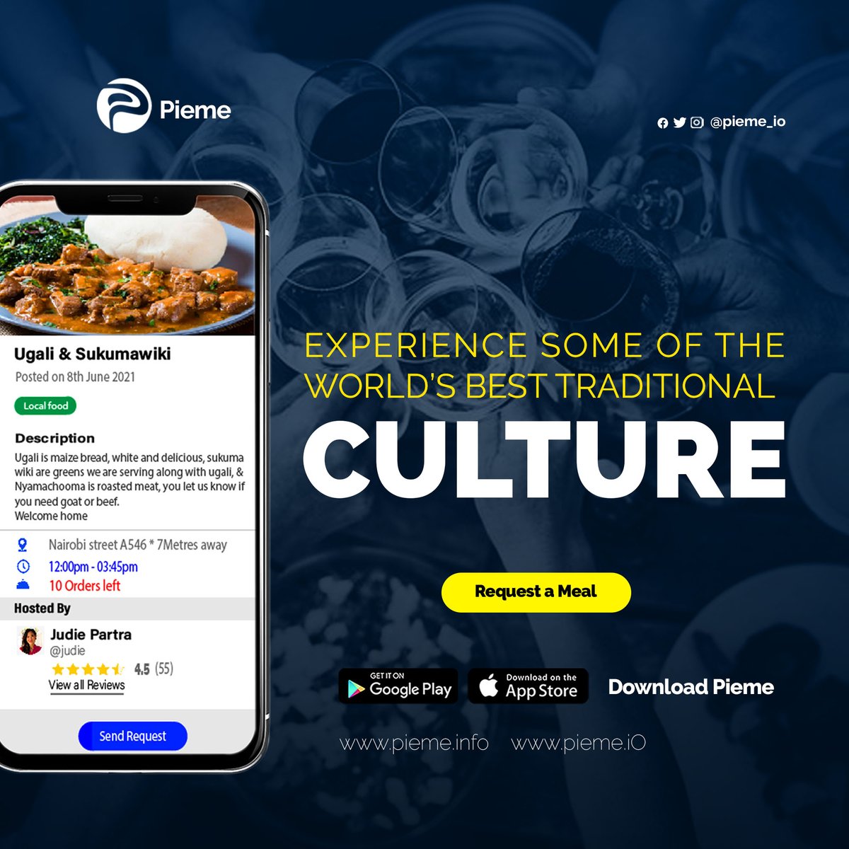 PiemeProtocol's tweet photo. Experience some of the world’s best traditional culture by ordering local authentic meals and interacting with local hosts and other guests on Pieme.

@SheeshaFinance_ 
Download the app today;
https://t.co/FImBCfn0qd
https://t.co/9P77JfAK7H
https://t.co/Y3hxrX1eFv

#food #cook https://t.co/lBU1Lr0Tew