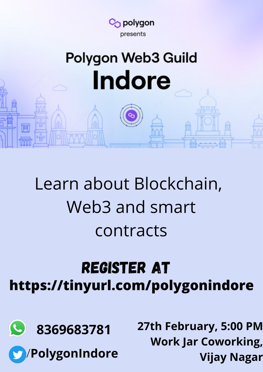 PolygonIndore's tweet photo. Indore seems definitely into web3! The form will close soon before you miss your spot! 
Register now at https://t.co/n5gYJ66HOq https://t.co/kDJd3btXY7