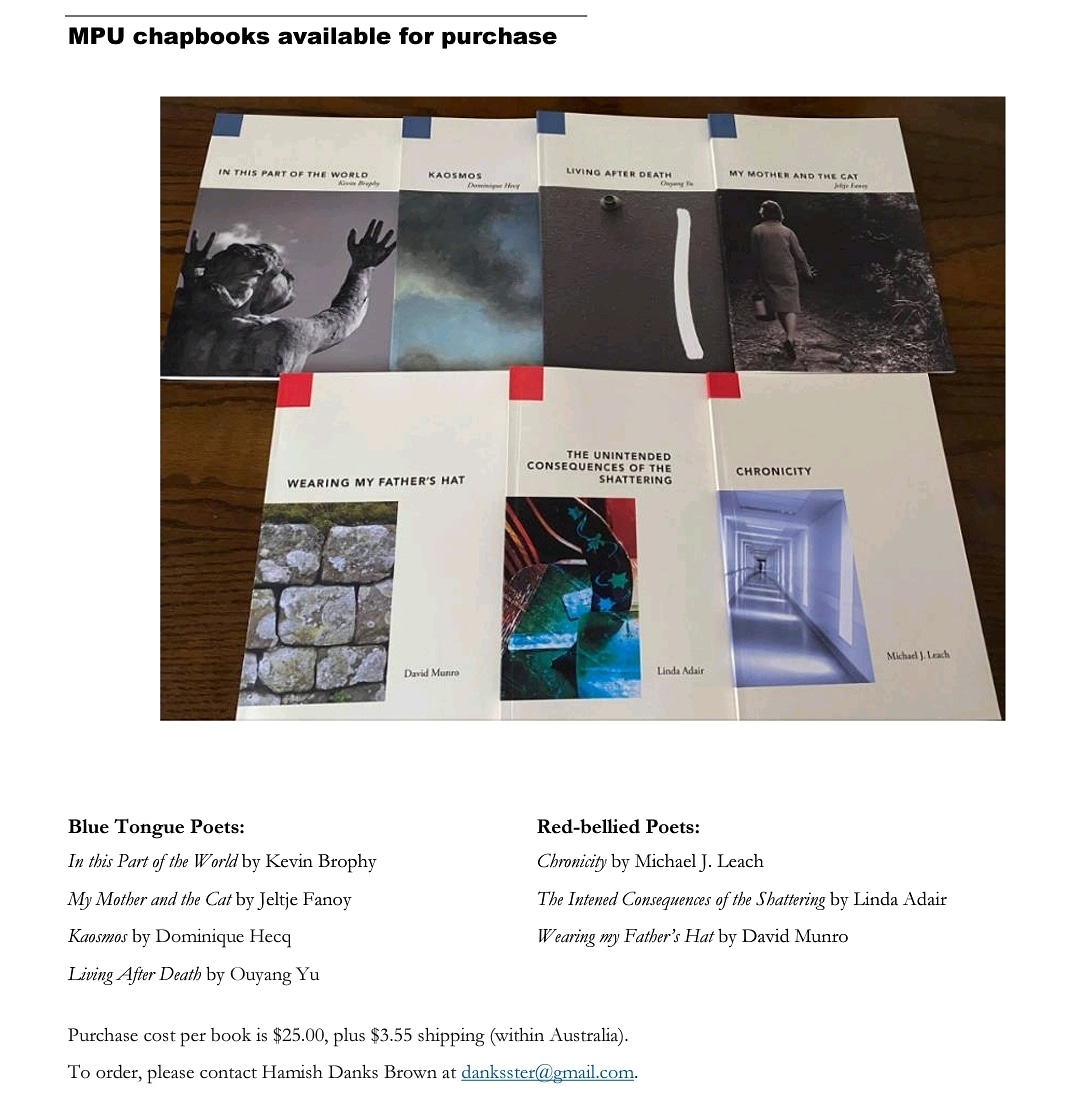 m_jleach's tweet photo. I still feel so lucky that my chapbook #Chronicity features in one of Melbourne Poets Union's two 2020 chapbook series. I'm in extremely good company here!
@GiannoukosTina #poetry #australianpoets #healthhumanities #scicomm https://t.co/65vLcxexES
