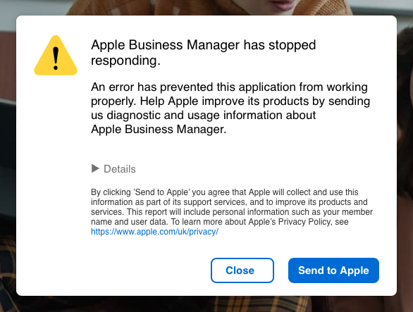 cjemichael's tweet photo. Hey @Apple @AppleSupport your #AppleBusinessManager has stopped working - pls can you fix asap, thanks https://t.co/ZMyrSs8abB