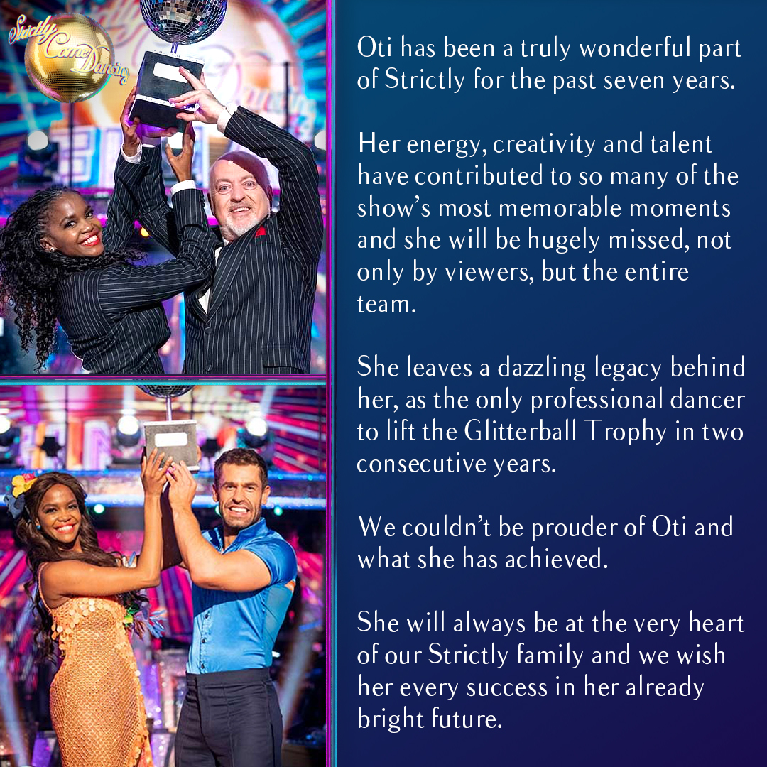 bbcstrictly's tweet image. Sadly the brilliant @OtiMabuse is leaving the show after seven incredible series. Thank you Oti, you will always be a huge part of our #Strictly family. ❤️