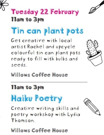 LoveBstoke's tweet photo. More FREE fun today at Willows Coffee House from 11am to 3pm;
π±Upcycle colourful tin can plant pots with local artist Rachel
π Creative writing skills and poetry workshop with Lydia Thomson
Find out more about what's on at https://t.co/EcrJ8y8Ika
#LoveBasingstoke #FabFebFun https://t.co/nSN6TpfFgD
