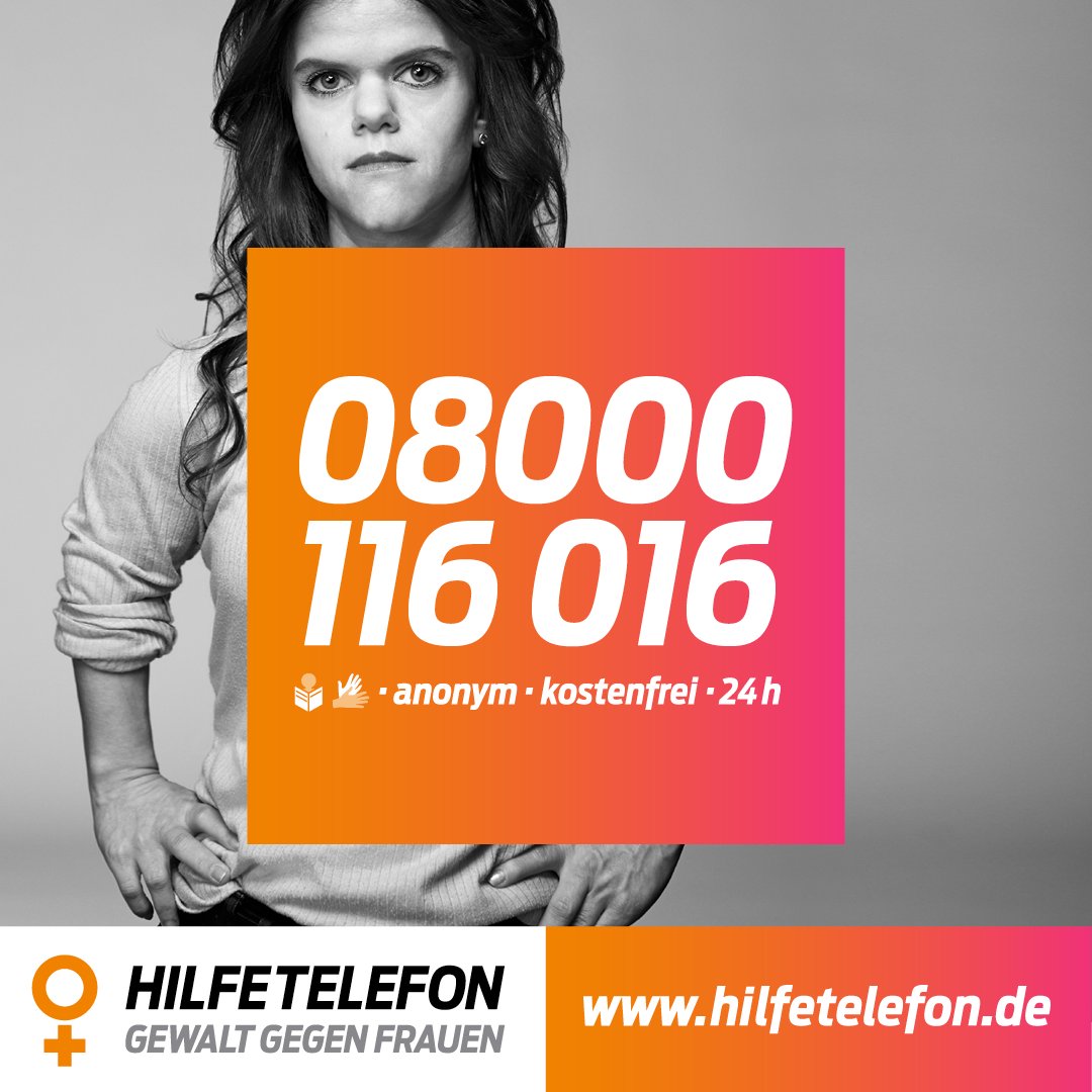 Eine Frau schaut direkt in die Kamera. Vor ihr ein Störer mit der Aufschrift "08000 116 016. Anonym. Kostenfrei. 24 Stunden". 
