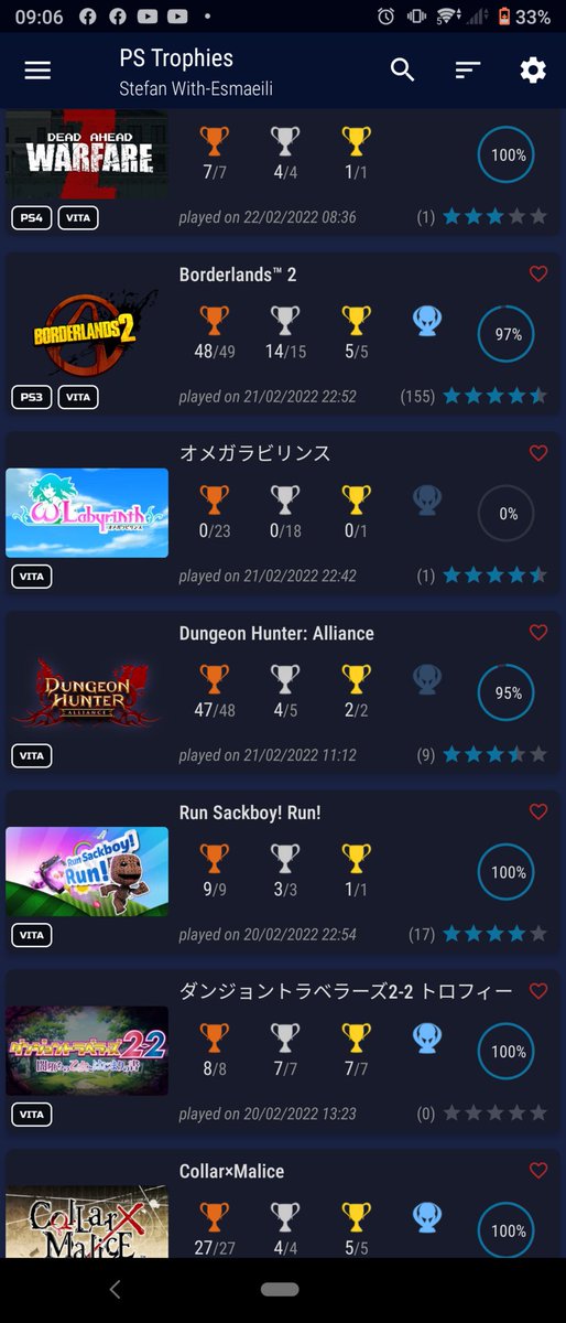 solercide's tweet photo. I am a bit late to the party but in celebration of the #PSVita 10th birthday I decided to chase some platinum and 100% games :)
A few #Borderlands2 #Runsackboyrun #dungeontravelers 2-2 & #collarxmalice I am still working on Dungeon Hunter I just have skill and level trophie left https://t.co/8nFafe9t7l