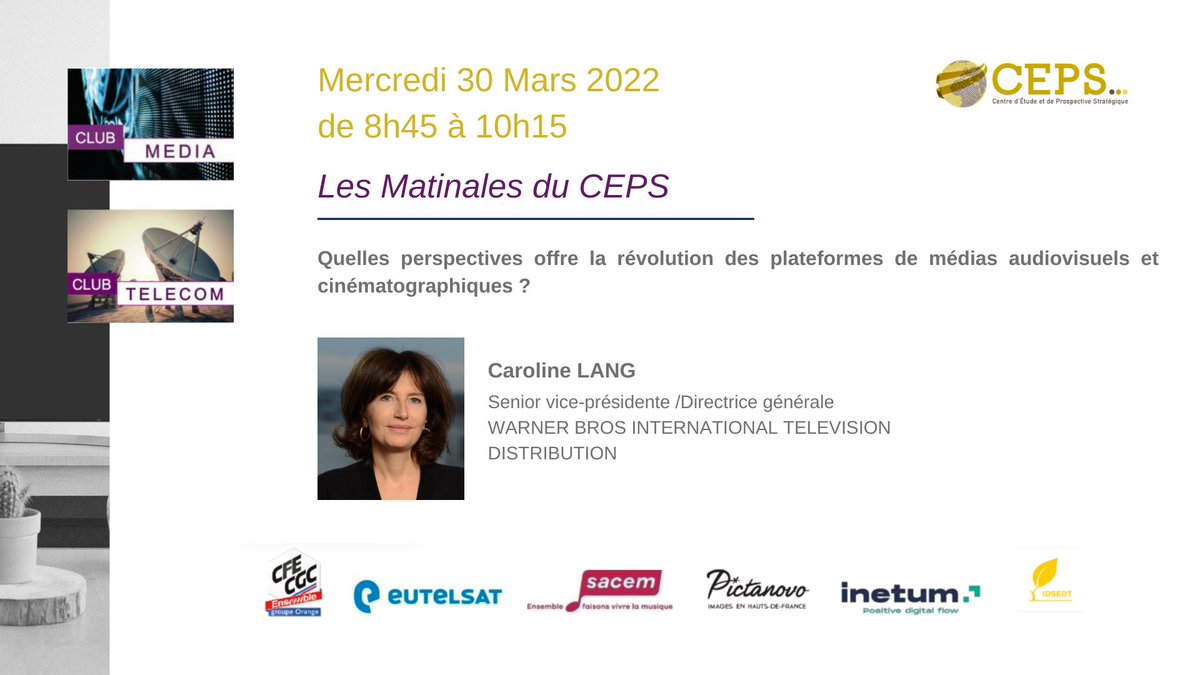 Le 30 mars, le Club Media et le Club Telecom accueilleront Caroline LANG , qui répondra à la thématique suivante :

Quelles perspectives offre la révolution des plateformes de médias audiovisuels et cinématographiques ?

oandb.typeform.com/to/HP63qmY1?ut…