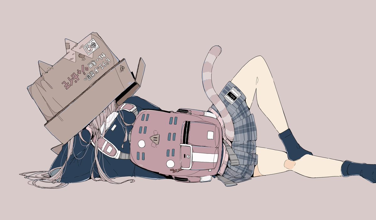 1girl solo skirt backpack flat color socks bag  illustration images