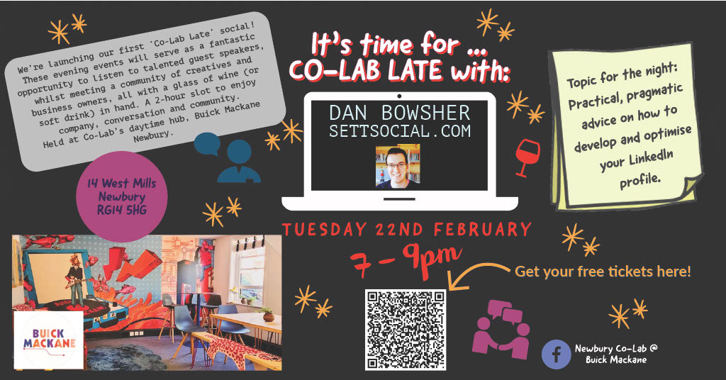 #Newbury #berkshire #business people, #freelancers and #homeworkers 

For reassuringly pragmatic #LinkedIn advice, come along tonight at 7pm to hear <a href="/dan_bowsher/">dan_bowsher</a> 

tickets here eventbrite.co.uk/e/267395797027