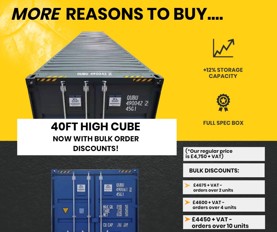 Even more reasons to buy our 40ft HC new build containers.
Bulk discounts on these full spec containers, get in touch today: 👇
qubecontainers.co.uk/40ft-shipping-…
enquiries@qubecontainers.co.uk ✉
03301 229943  📞
#containersales #40fthighcubecontainers