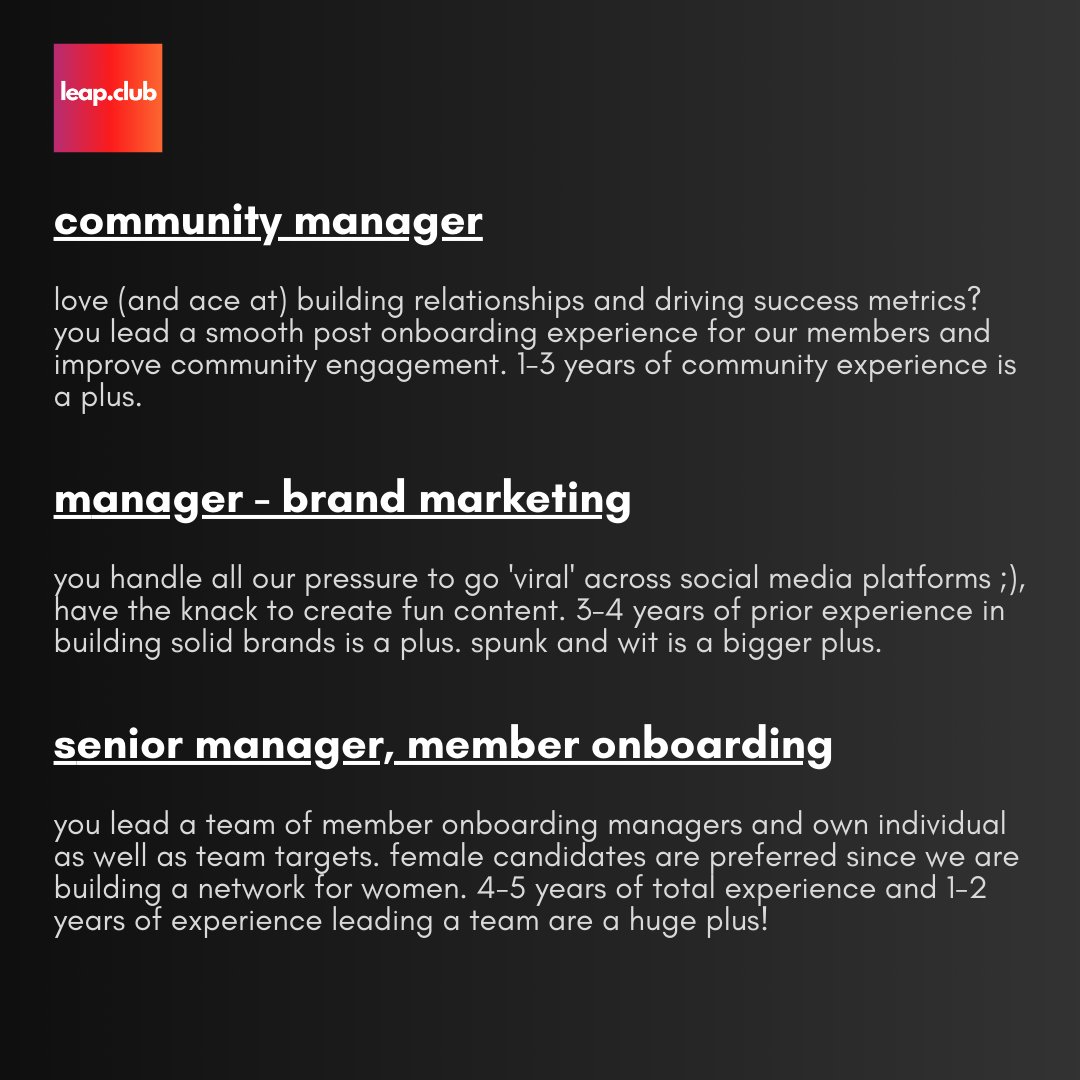 Hiring tweet! Pls like/RT for good karma. 

Building a company is incredibly tough filled with pressure, bad days, and a lot of hard work. To quote <a href="/peyushbansal/">Peyush Bansal</a>, we as a team are never content and are always striving to do better. 

Want to join us at <a href="/leapdotclub/">leap.club</a>?